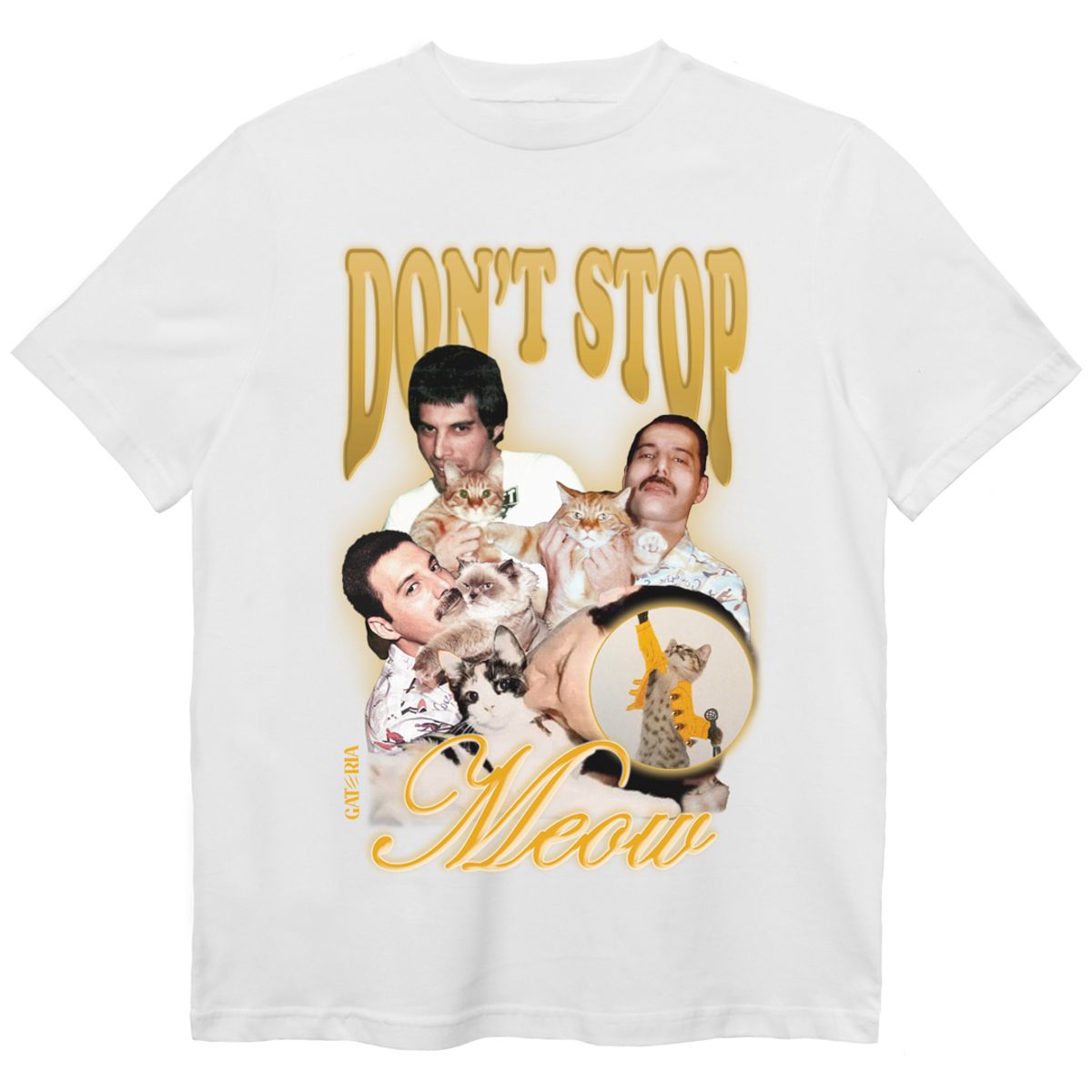 Nome do produto: Camiseta Freddie Mercury - Don\'t Stop Meow - Branco