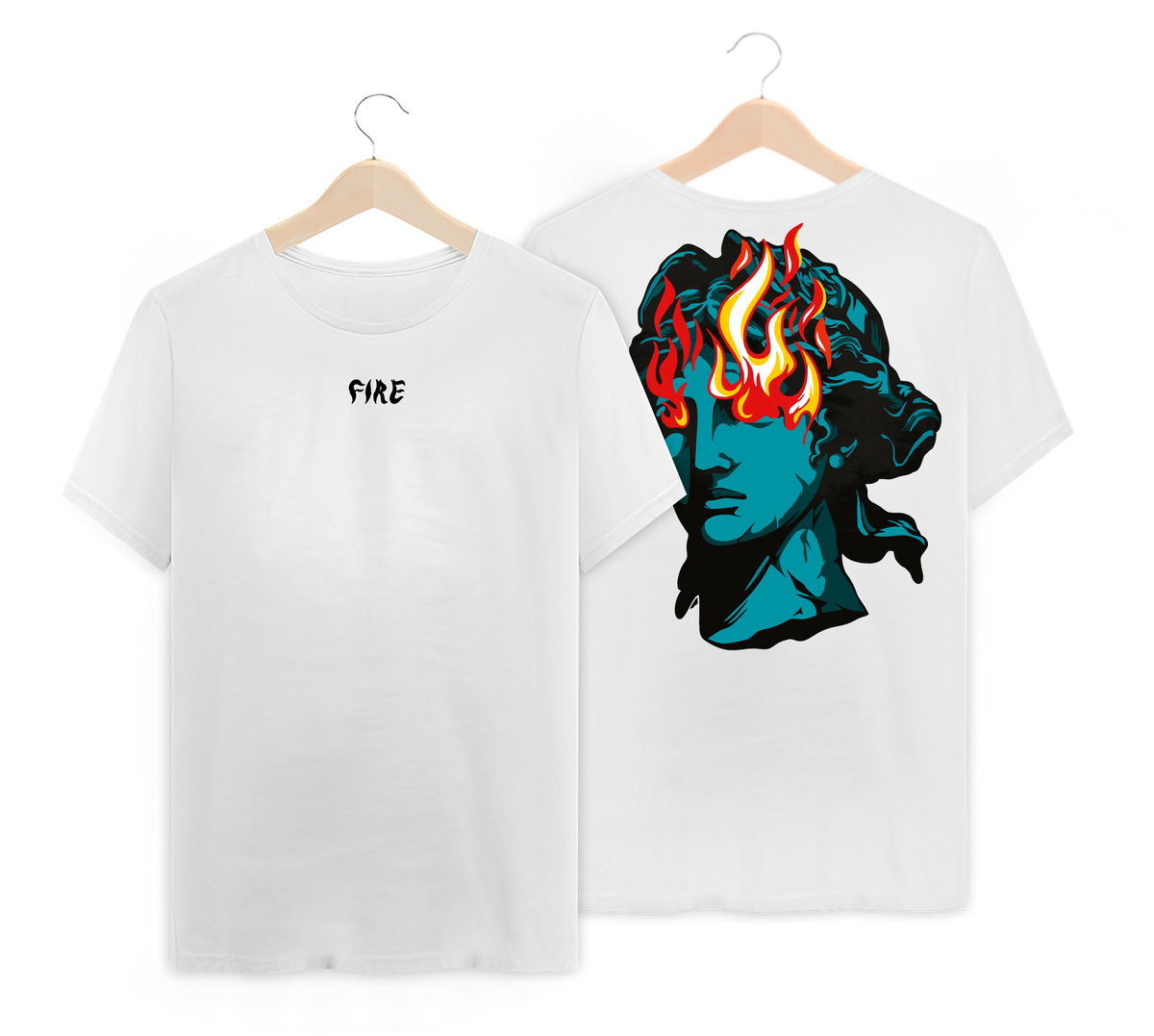 Nome do produto: Camiseta com estampa de uma estatua com fogo saindo dos olhos