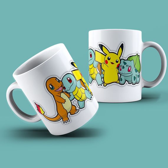 Caneca Pokémon - Charmander, Squirtle, Pikachu e Bulbassauro