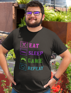 Nome do produtoCamiseta Plus Size Unissex - Eat, Sleep, Game, Repeat