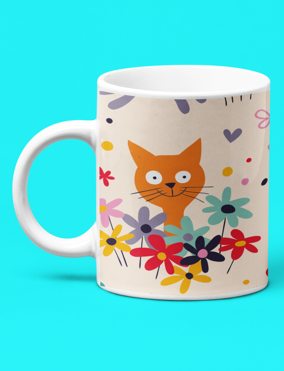 Nome do produto: Caneca Branca - Gatos e Flores