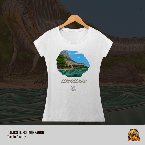 Camiseta Feminina - Espinossauro em Cor | Ilustração por Leandro Sanches