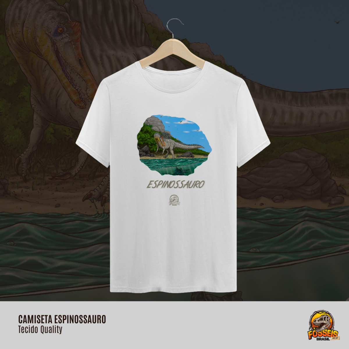 Nome do produto: Camiseta - Espinossauro em Cor | Ilustração por Leandro Sanches