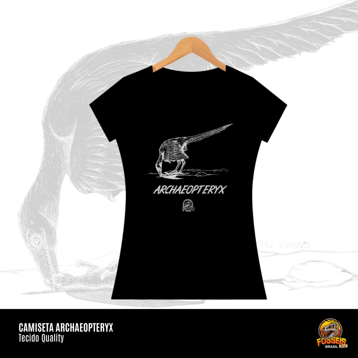 Nome do produto: Camiseta Feminina - Archaeopteryx | Ilustração por Leandro Sanches