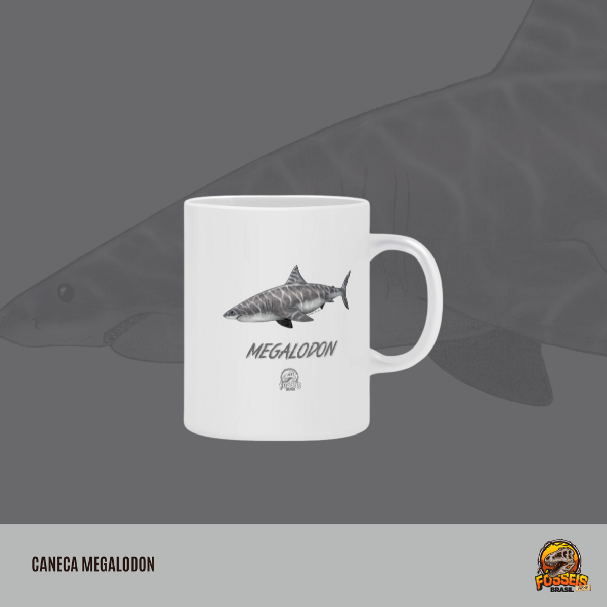 Nome do produto: Caneca Megalodon em Cor | Ilustração por Leandro Sanches