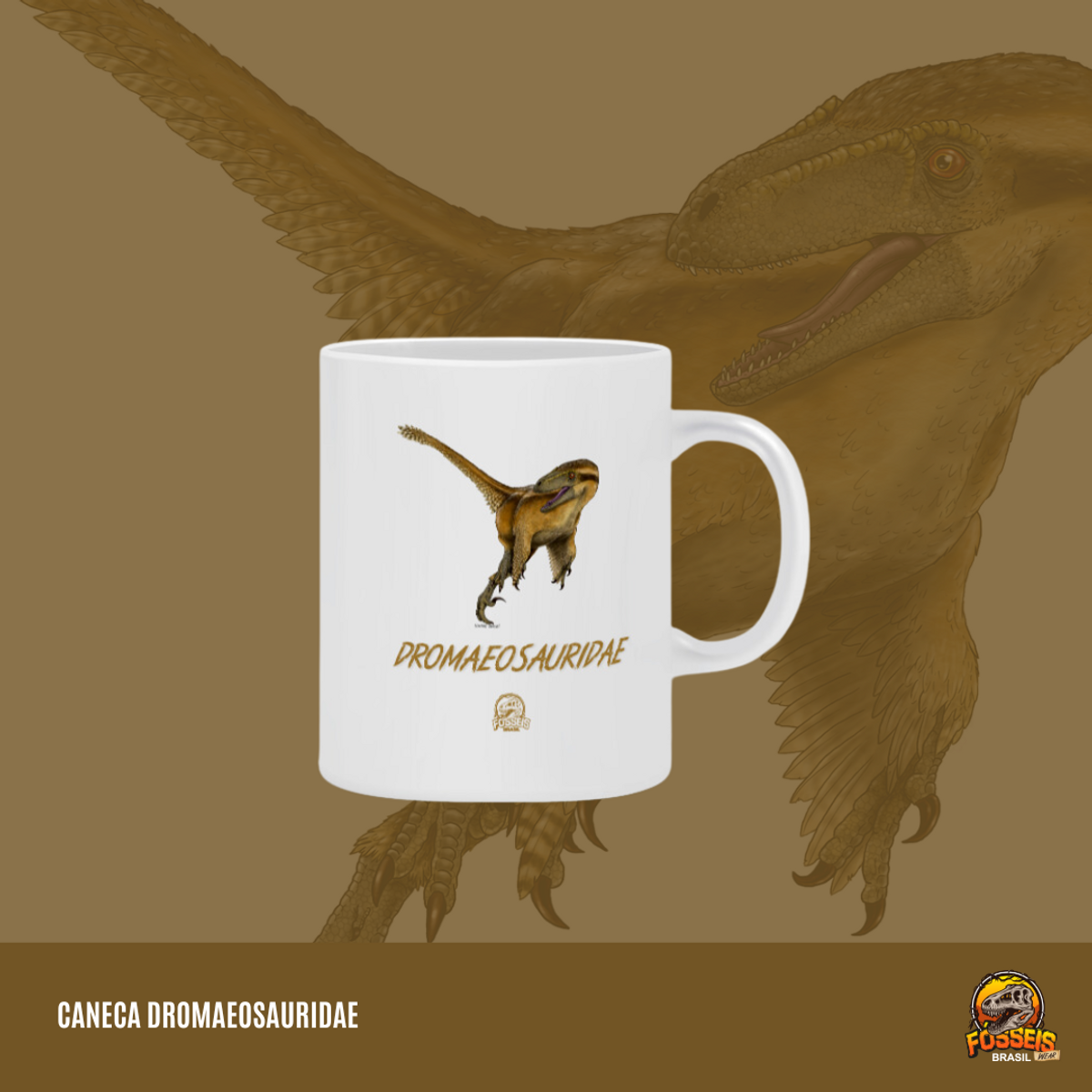 Nome do produto: Caneca Dromaeosauridae em Cor | Ilustração por Leandro Sanches