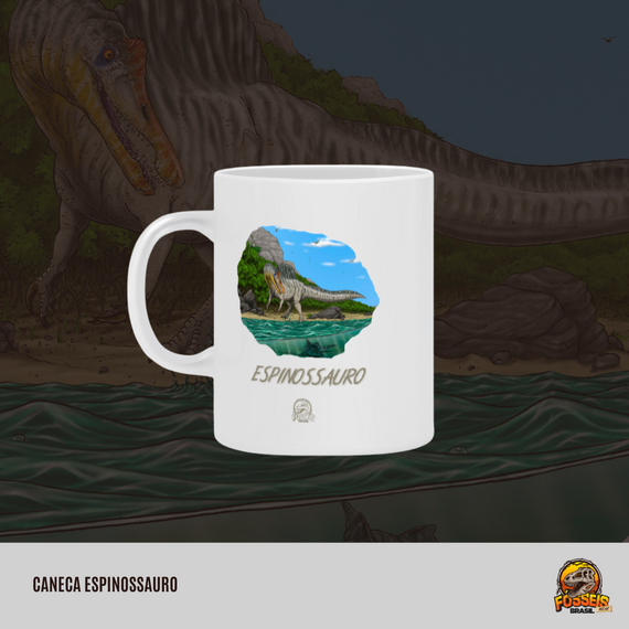 Caneca Espinossauro em Cor | Ilustração por Leandro Sanches