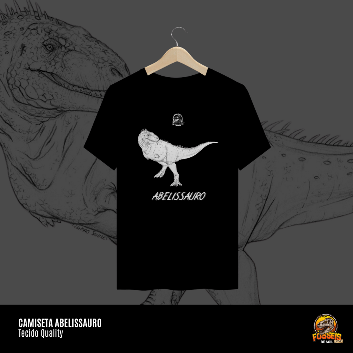 Nome do produto: Camiseta Abelissauro | Ilustração por Leandro Sanches