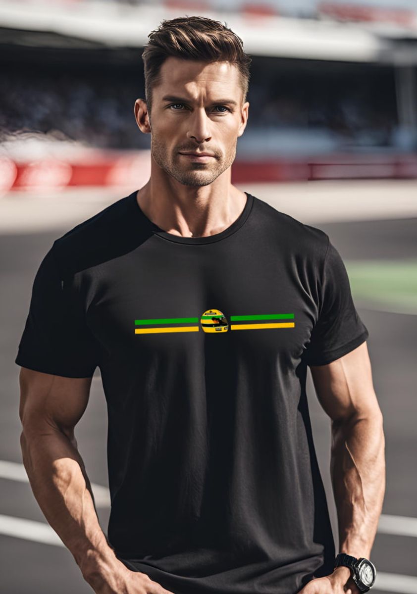 Nome do produto: Camiseta Ayrton Senna capacete central e faixas do Brasil