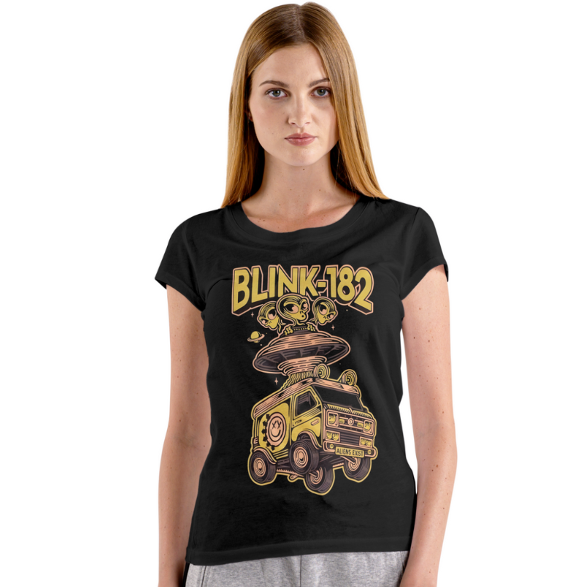 Nome do produto: Camiseta blink 182 Kombi amarela e Disco Voador com Aliens