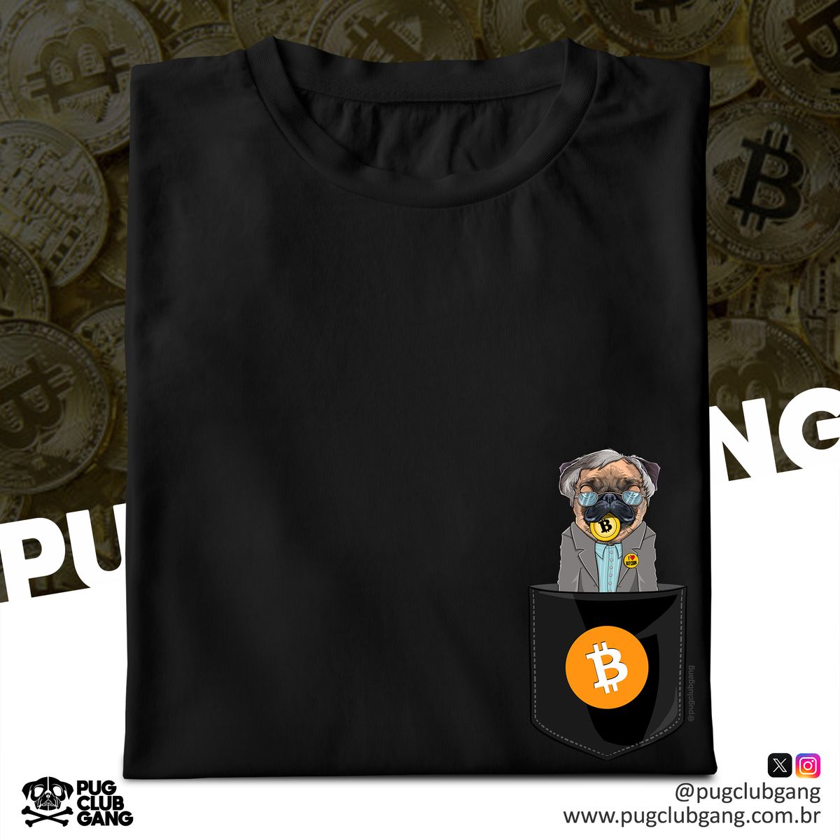 Nome do produto: Camiseta Pug Bitcoin - Bolso Fake