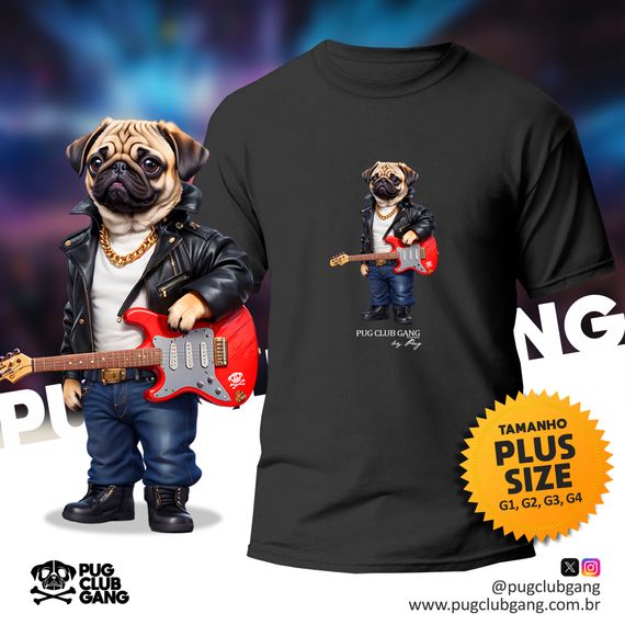 Camiseta Pug - Pug Guitar Rock - Plus Size