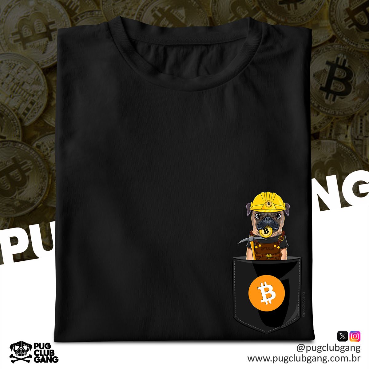 Nome do produto: Camiseta Pug Minerador BTC - Bolso Fake