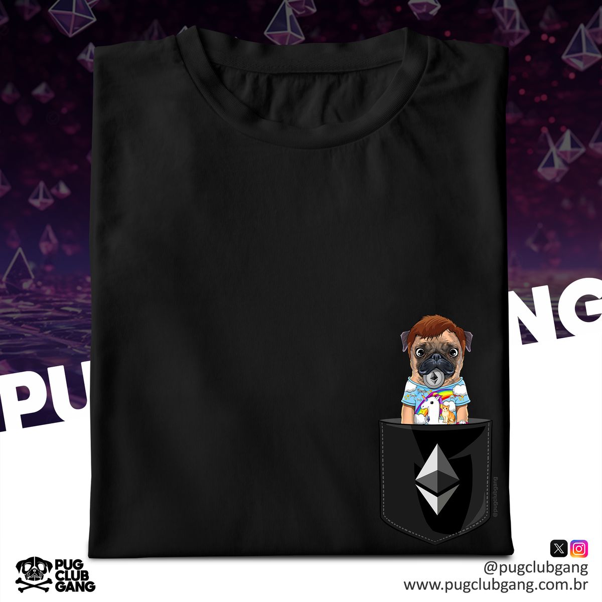 Nome do produto: Camiseta Pug Ethereum - Bolso Fake