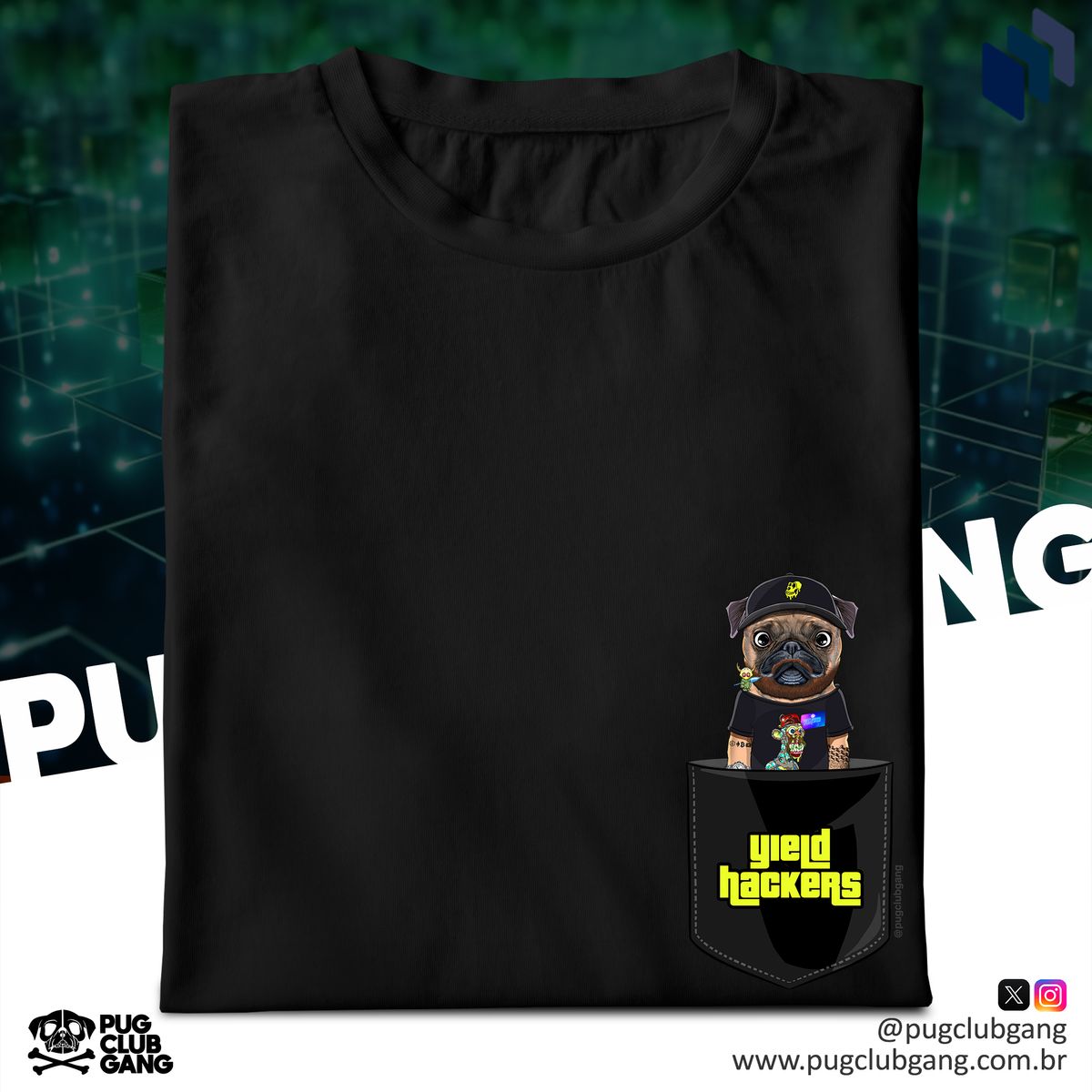 Nome do produto: Camiseta Collab - Yield Hackers & Pug Club Gang - Bolso Fake