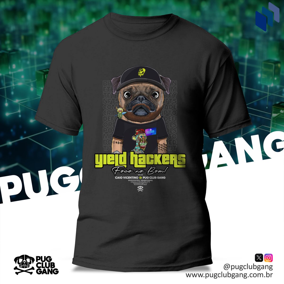 Nome do produto: Cãomiseta Collab - Yield Hackers & Pug Club Gang