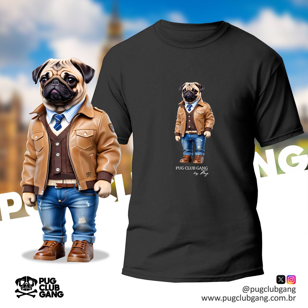 Nome do produto: Camiseta Pug - Pug de Jaqueta Couro