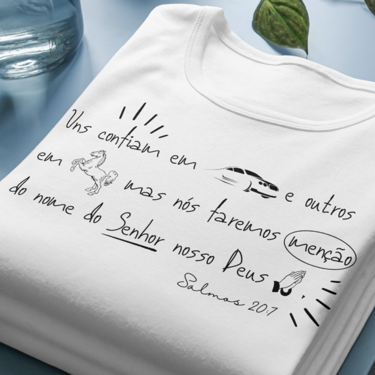 Nome do produto: Camiseta Versículo - Salmos 20:7 - Confiança no Senhor - Estampa Preta