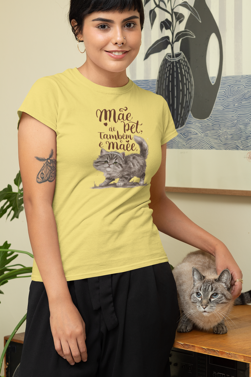 Nome do produto: CAMISETA BABY LONG ESTONADA CAT, MÃE DE PET TAMBÉM E MÃE