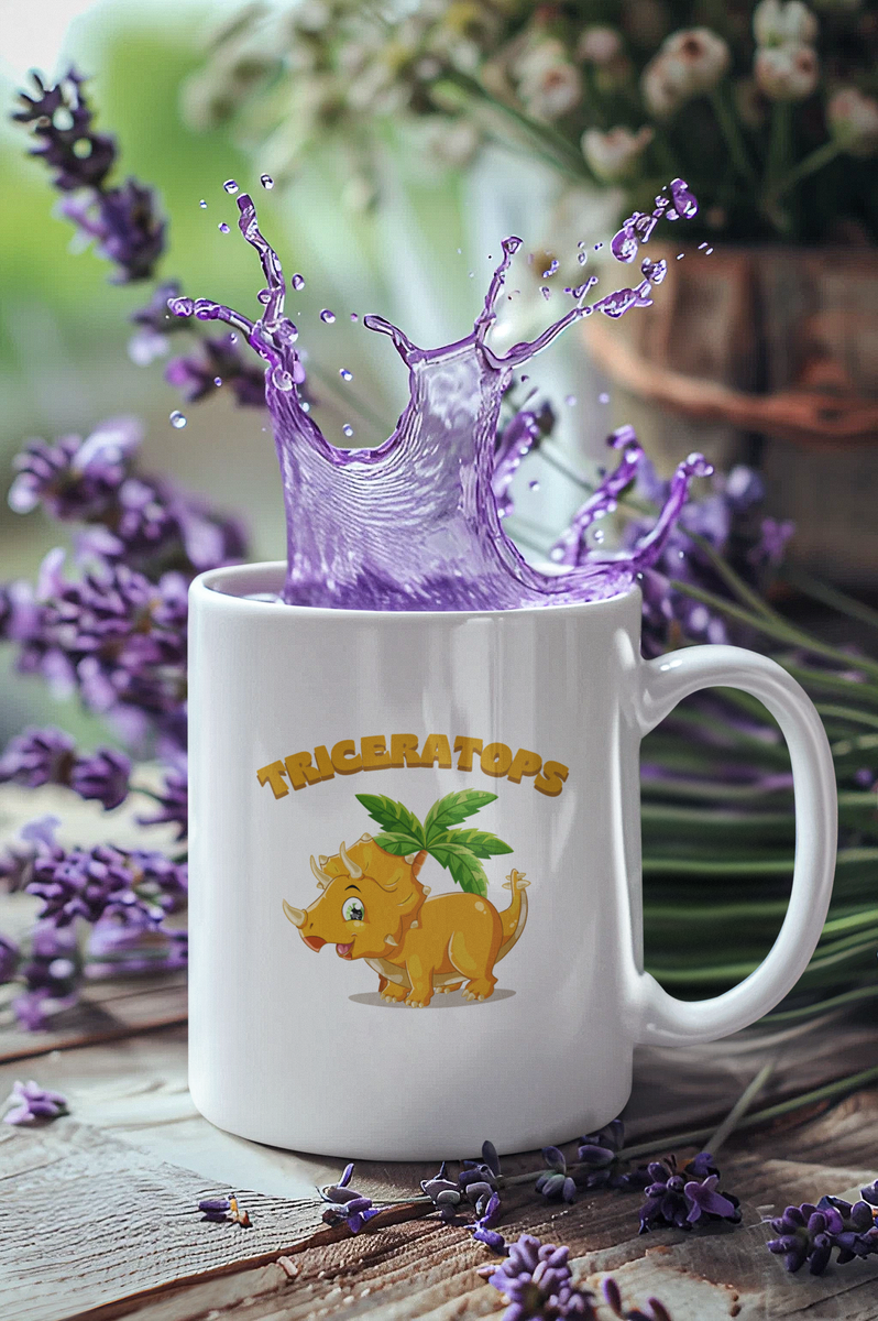 Nome do produto: CANECA PERSONALIZADA CRIATIVA EM CERÂMICA, 325ML C/02 LADOS, TRICERATOPS