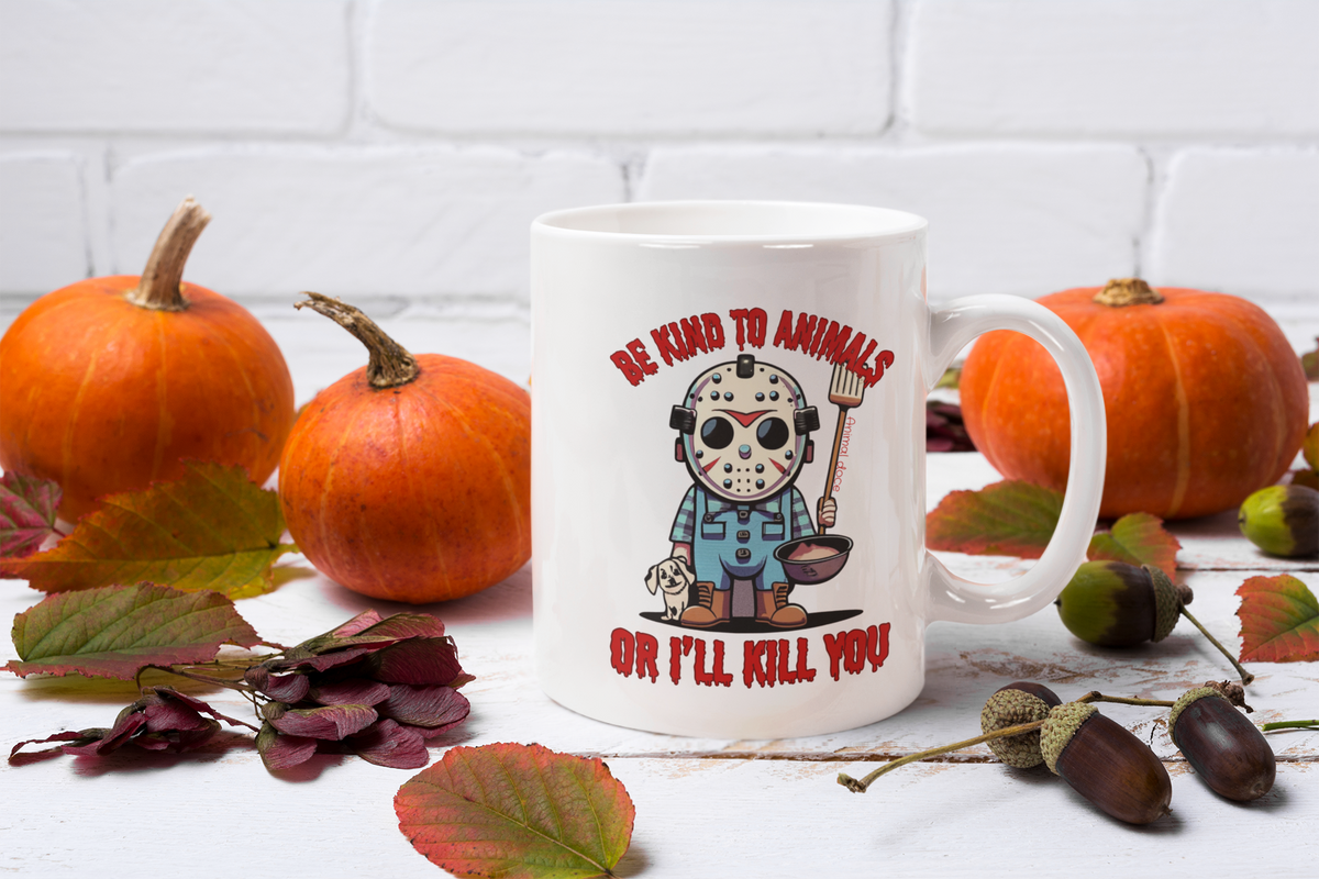 Nome do produto: CANECA PERSONALIZADA CRIATIVA EM CERÂMICA, 325ML C/02 LADOS LINHA FILME JASON BE KIND TO ANIMALS, SEXTA FEIRA 13