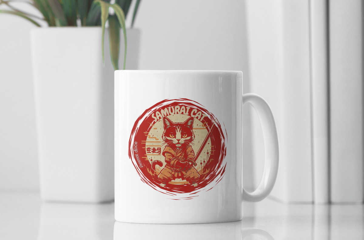 Nome do produto: CANECA PERSONALIZADA CRIATIVA EM CERÂMICA, 325ML C/02 LADOS, SAMURAI CAT