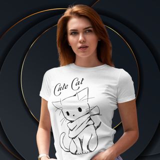 Camiseta Feminina-Baby Long Cute Cat 