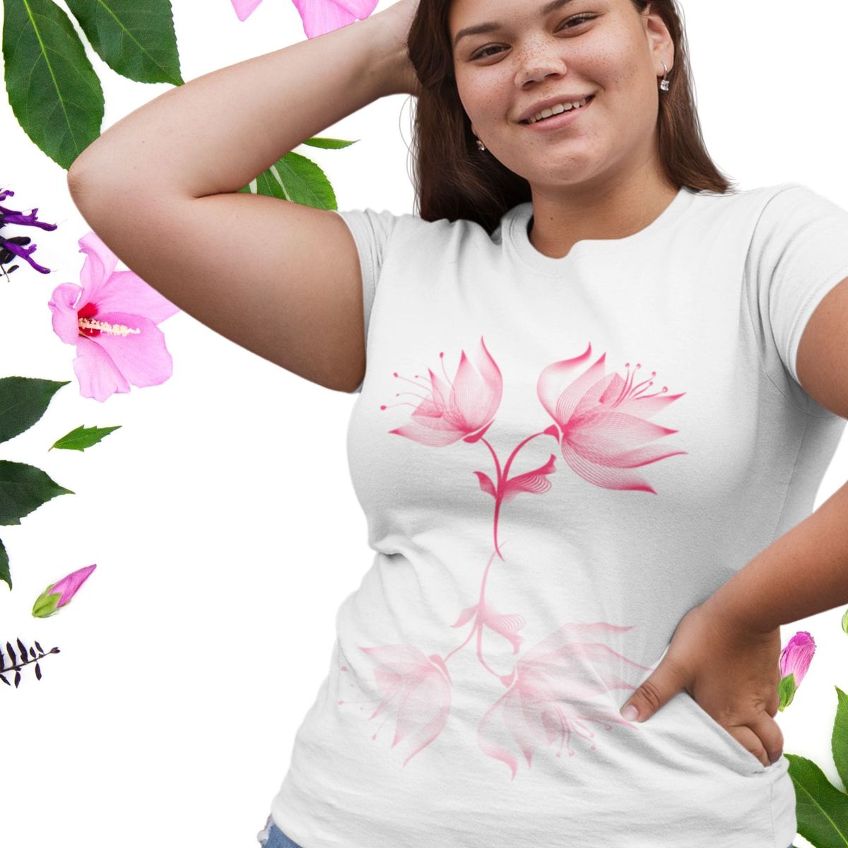 Nome do produto: Camiseta Feminina Plus Size Flores