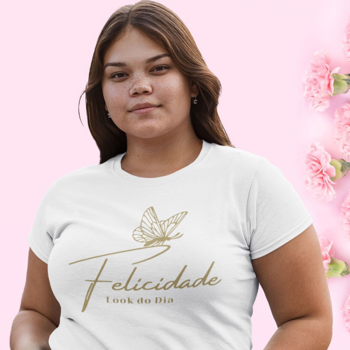 Nome do produto: Camiseta Feminina Plus Size Felicidade Look Do Dia