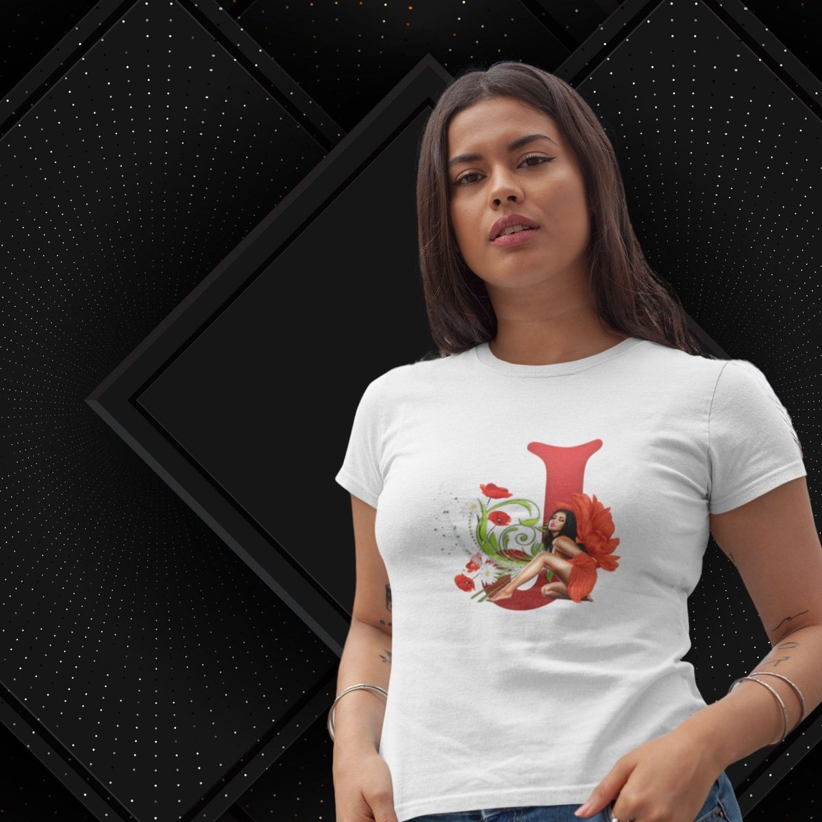 Nome do produto: Camiseta Feminina Baby Long Letra-J