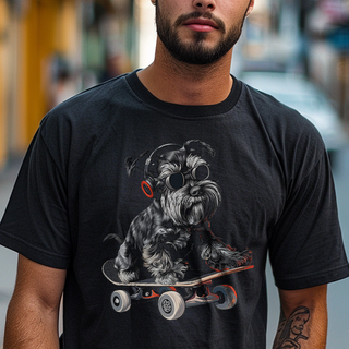 Camiseta Preta Pets - Schnauzer Skate e Música - Unissex