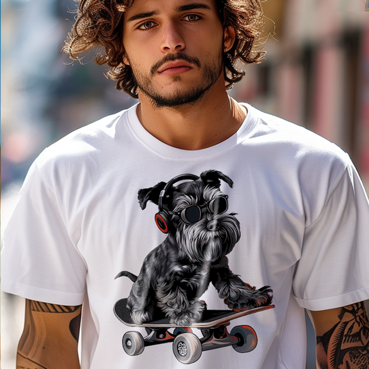 Nome do produto: Camiseta Pets - Schnauzer Skate e Música - Unissex