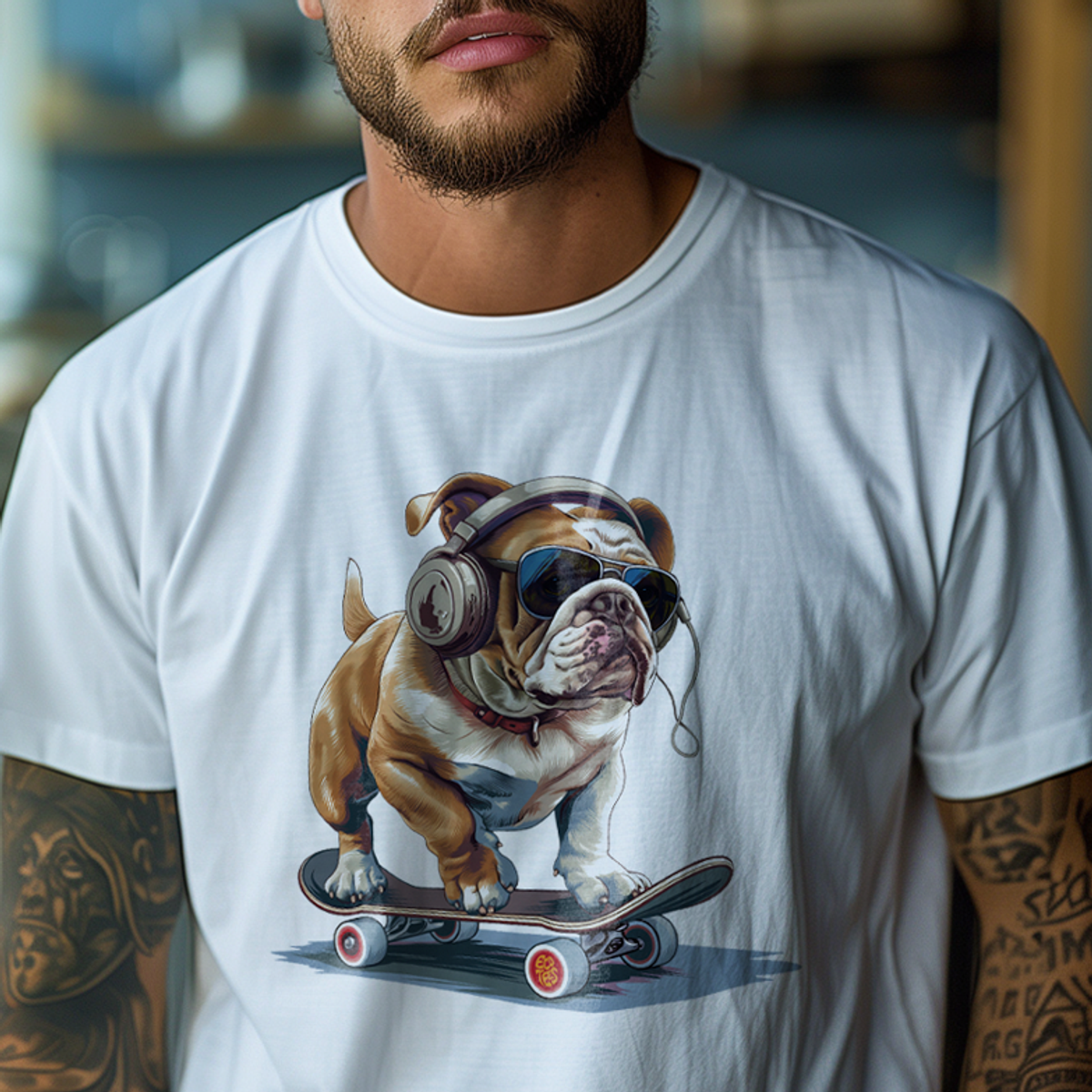 Nome do produto: Camiseta Pets - Bulldog 2 no Skate Color - Unissex