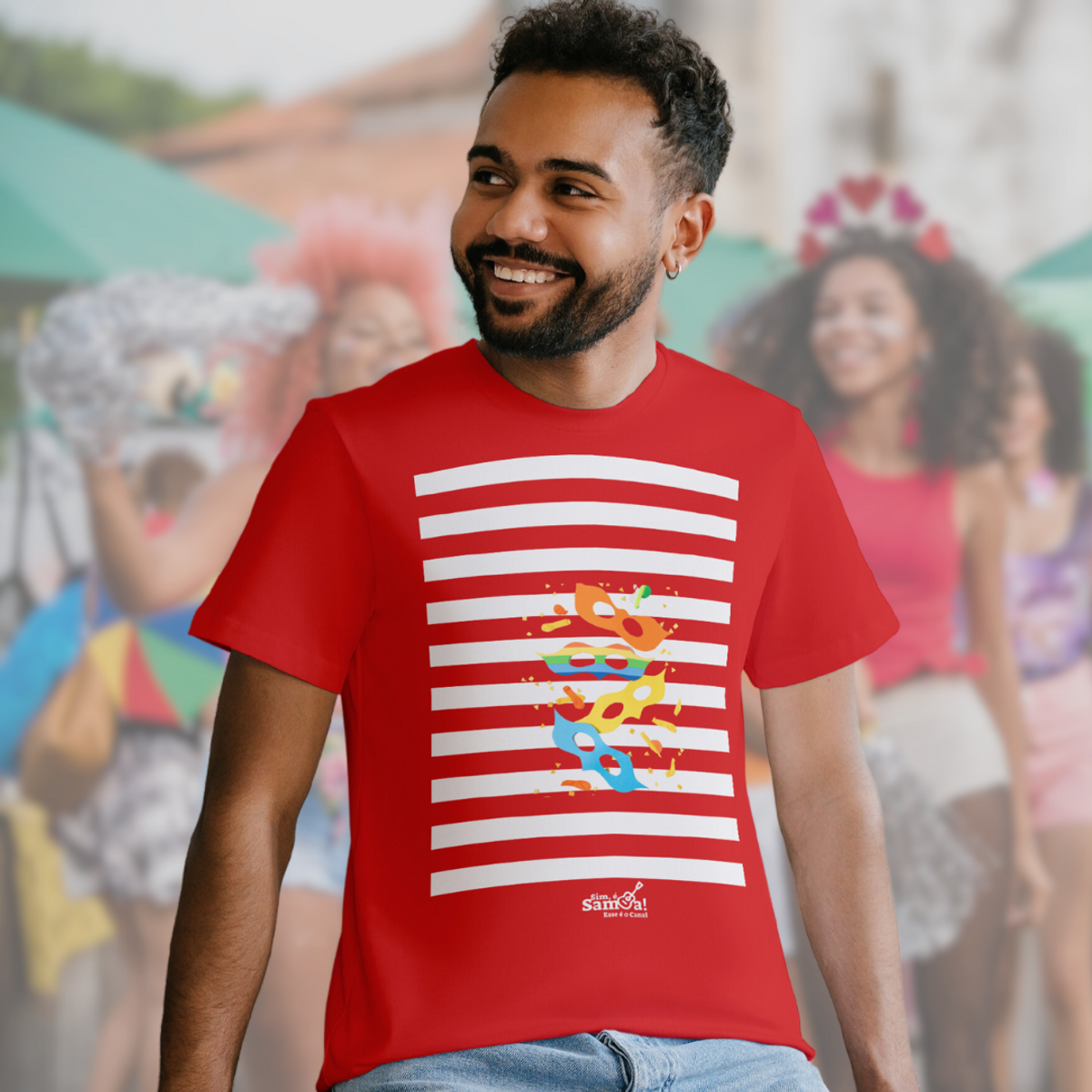 Nome do produto: Camiseta Clássica Masculina - Carnaval Vermelho e Branco 