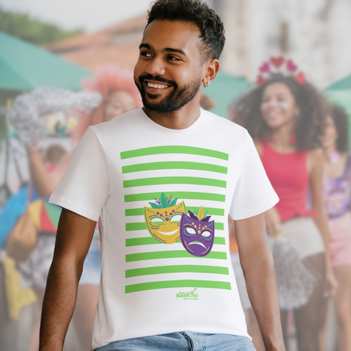 Nome do produto: Camiseta Clássica Masculina - Carnaval Verde e branco