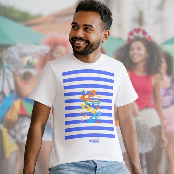 Camiseta Clássica Masculina - Carnaval Azul e Branco