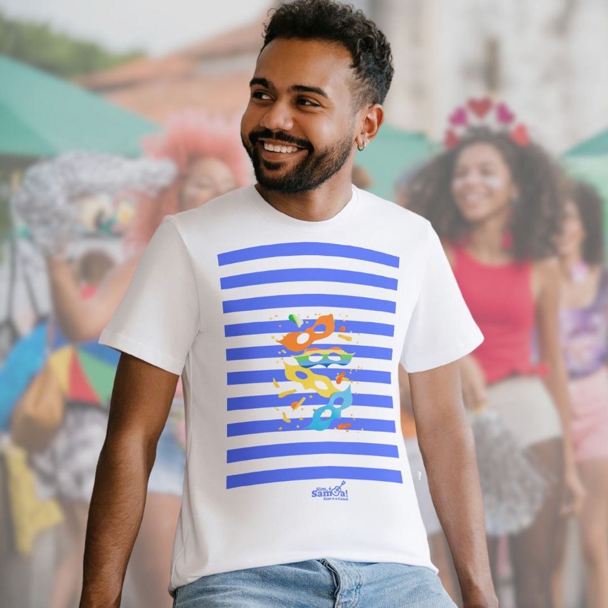 Nome do produto: Camiseta Clássica Masculina - Carnaval Azul e Branco