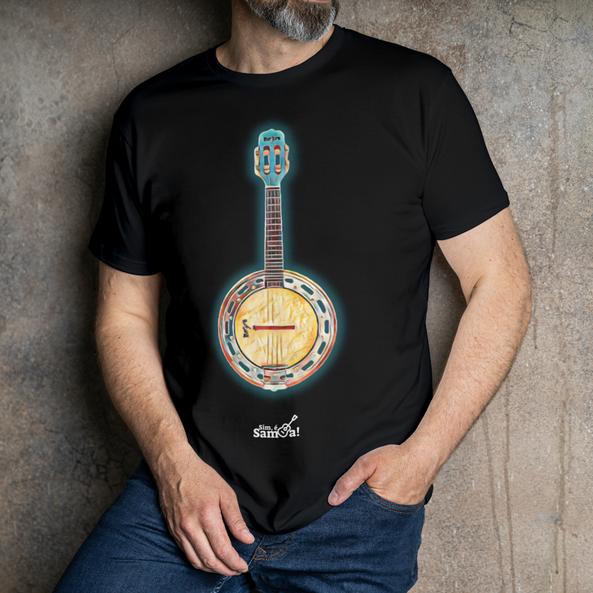 Nome do produto: Camiseta Clássica Masculina - Banjo Sim é Samba