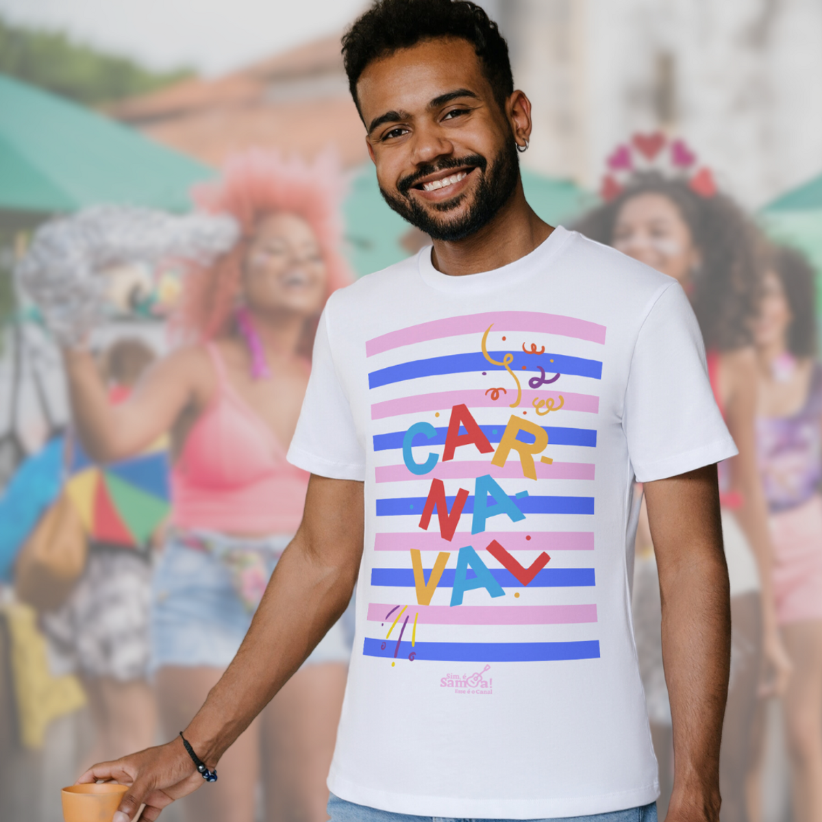 Nome do produto: Camiseta Clássica Masculina - Carnaval Azul Rosa e Branca