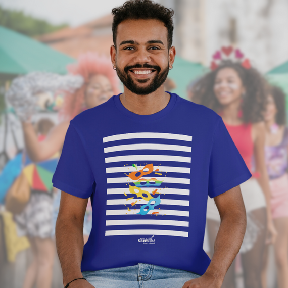 Camiseta Clássica Masculina - Carnaval Azul e Branco