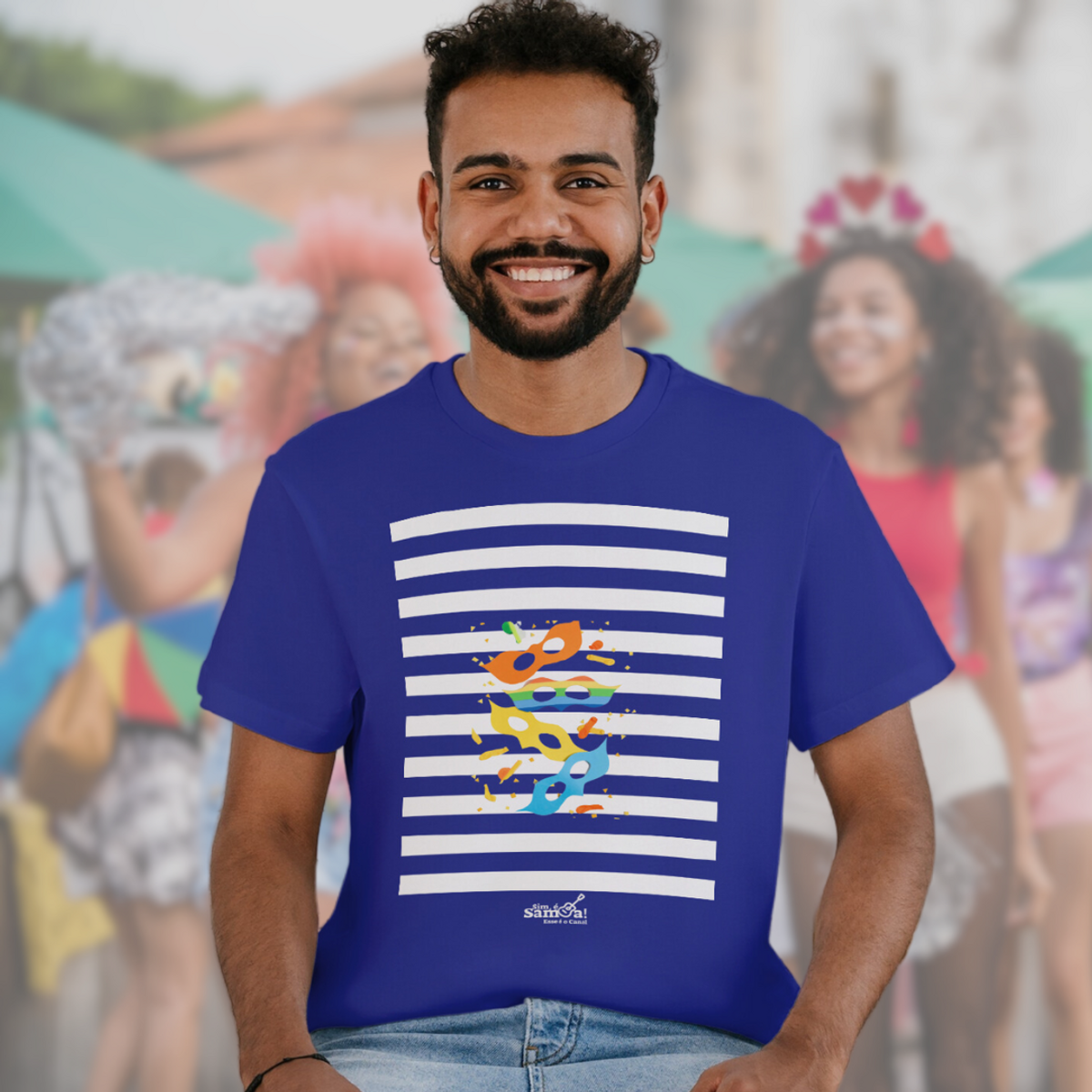 Nome do produto: Camiseta Clássica Masculina - Carnaval Azul e Branco