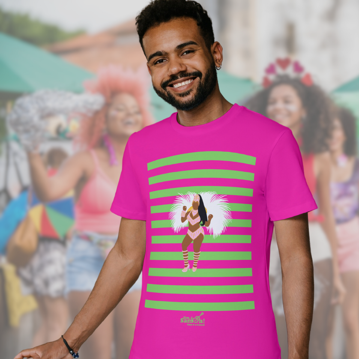 Nome do produto: Camiseta Clássica Masculina - Carnaval Verde e Rosa