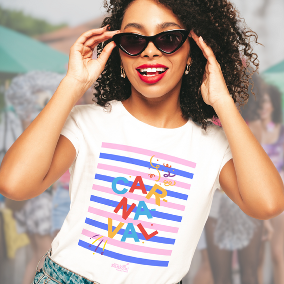 Camiseta Baby Long Clássica Feminina - Carnaval Azul Rosa e Branca