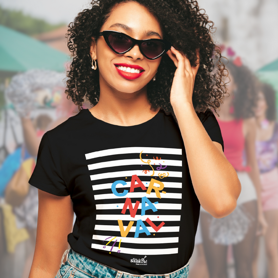 Camiseta Baby Long Feminina - Carnaval Preto e Branca