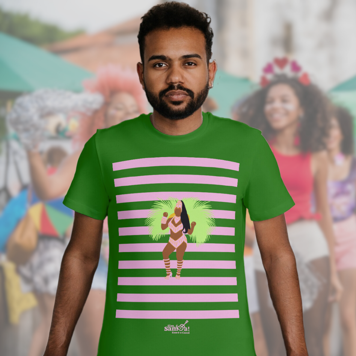 Nome do produto: Camiseta Clássica Masculina - Carnaval Verde e Rosa