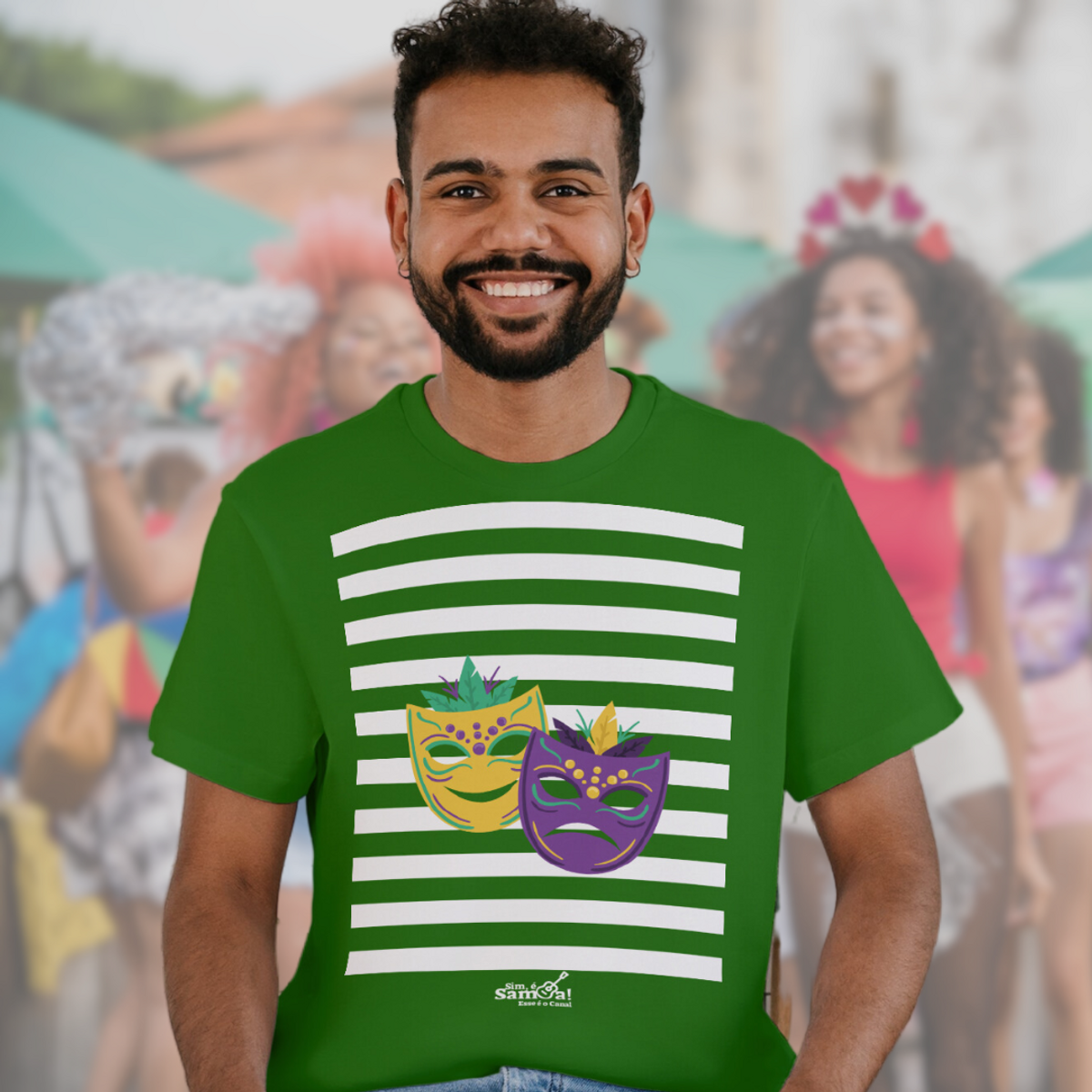 Nome do produto: Camiseta Clássica Masculina - Carnaval Verde e Branco