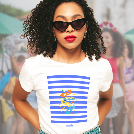 Camiseta Baby Long Clássica Feminina - Carnaval Branca e Azul