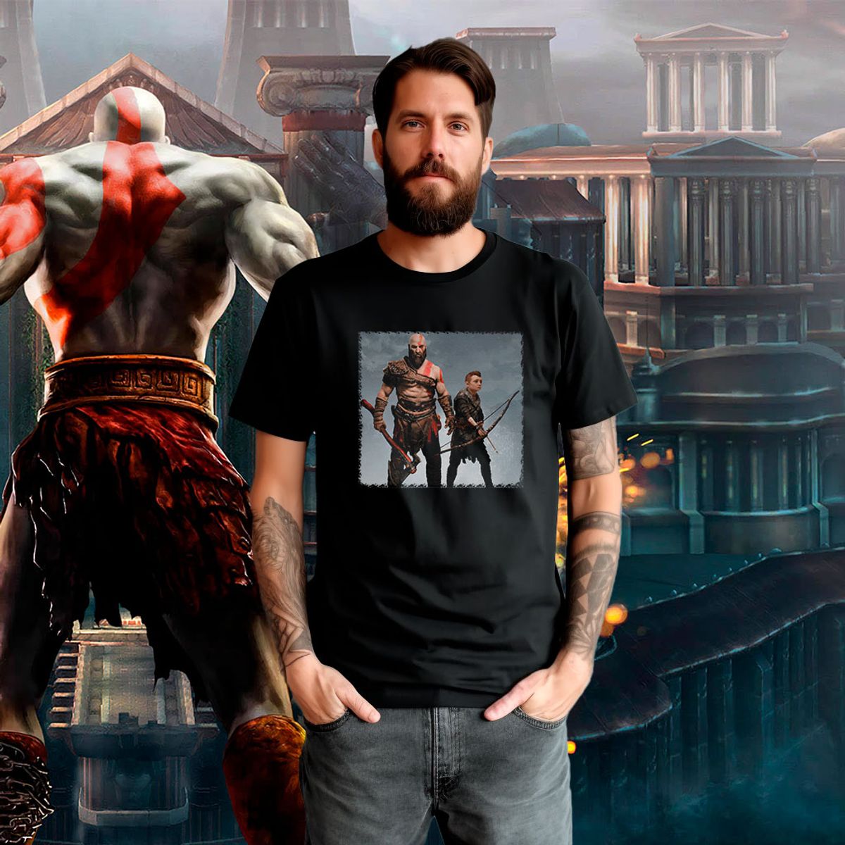 Nome do produto: Camiseta texturizada Kratos e Atreus