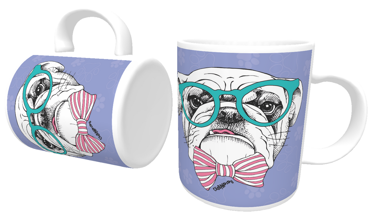 Nome do produto: Caneca Bulldog Inglês de Óculos e Gravatinha