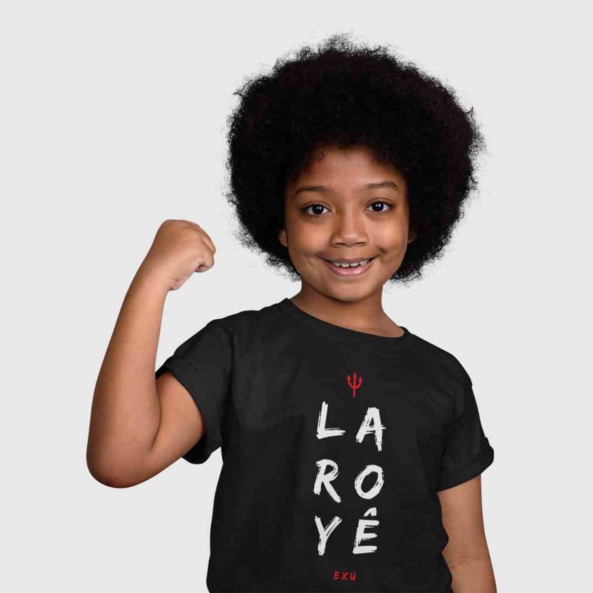 Nome do produto: Camiseta Exu Saudação Laroyê Exu Infantil 100% Algodão Fio 30.1, 165g com costura reforçada de alta qualidade